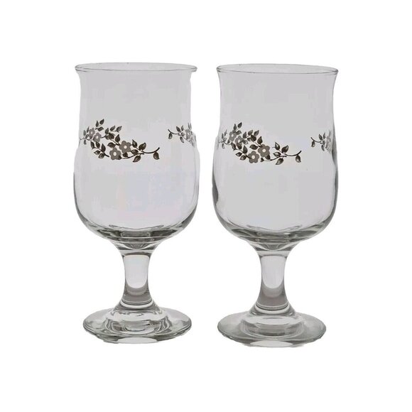 2 Pfaltzgraff Heirloom Water Goblets Wine Glasses 6.5" grey  white floral 12oz - Picture 1 of 9